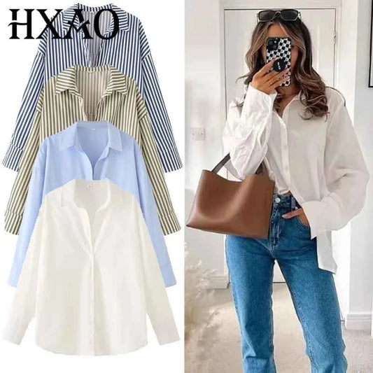 HXAO Woman 2025 Oversized Shirts & Blouses Spring Summer 2025 Woman Elegant Button Up Long Sleeve Blouses Fashion Plus Size Tops