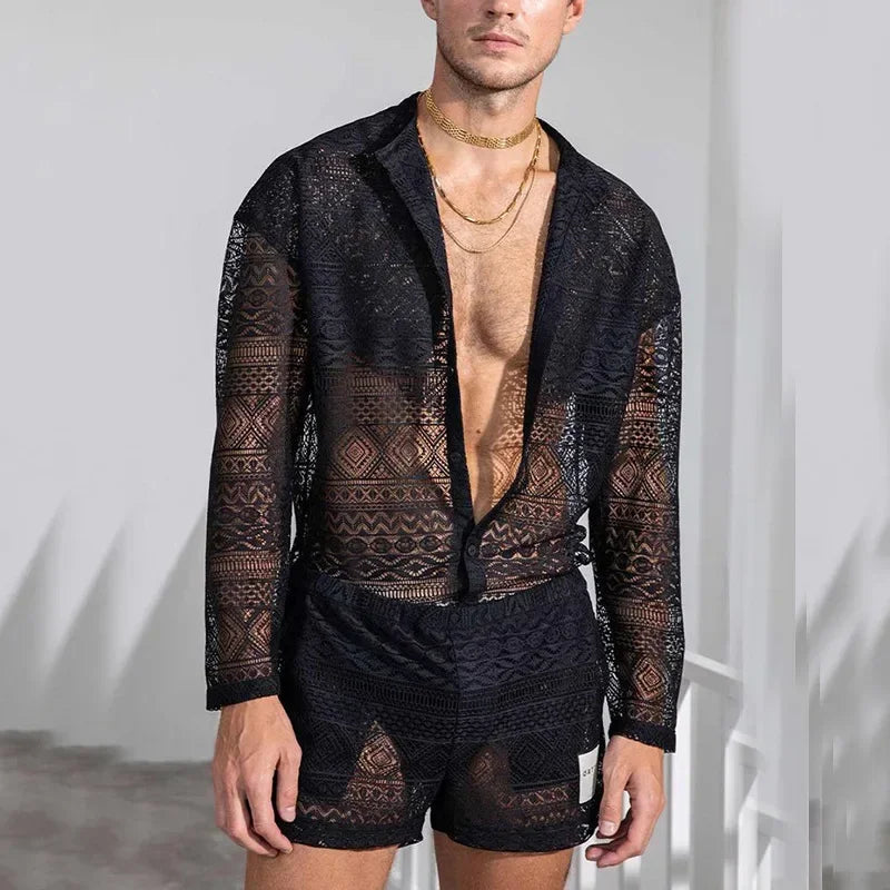 Conjuntos masculinos de manga comprida, camisa com recorte de renda, shorts casuais, terno masculino de duas peças