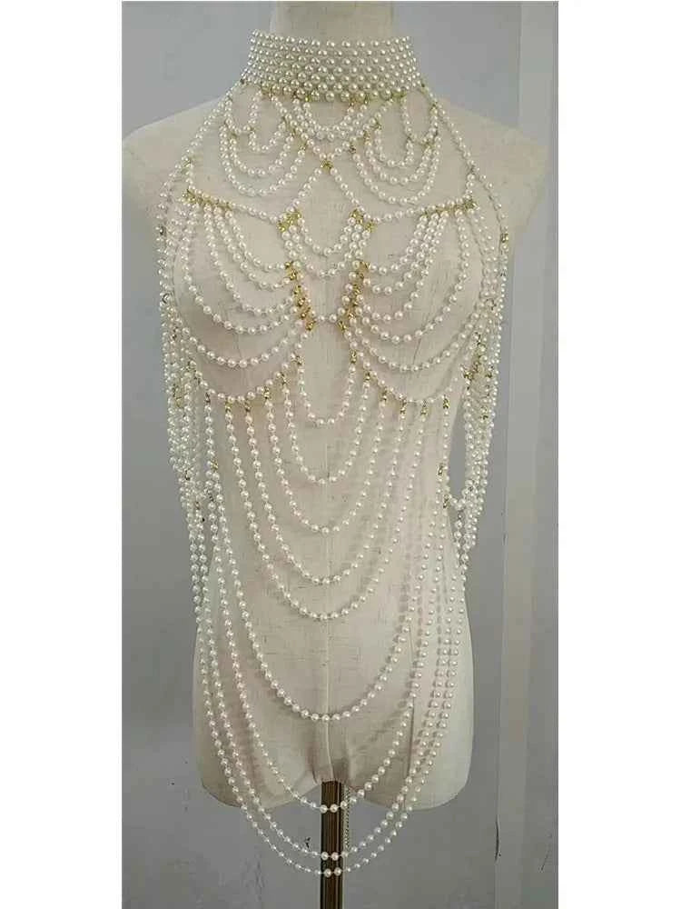 Sexy Accessories Women Bikini Pearl Chest chain Body Chain Jewelry Totally Hand-made Bra Fringed For Beach Nightclub Waist Chain