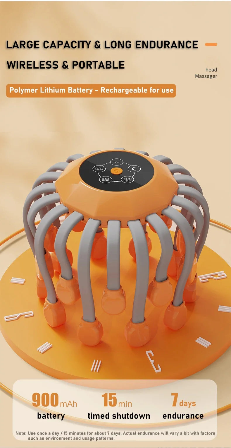 20 Cabeças de Massagem Massageador de Couro Cabeludo Laranja Vibrador de Luz Vermelha Polvo Arranhador para Relaxamento Estresse Enxaqueca