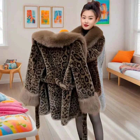 2025 New Women Autumn Winter Leopard Print Temperament Fur Coat Medium-Long High End Fur Collar With Belt Fur Jacket Overcoat