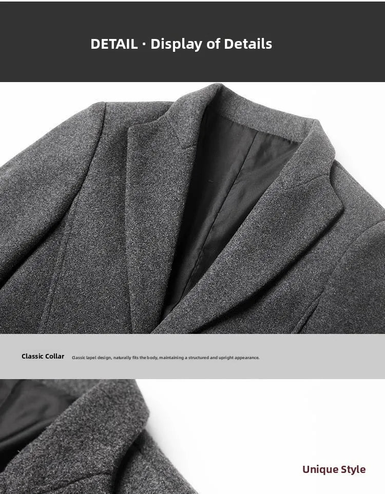 Men's Woolen Coat Autumn Winter Long Style Slim Fit Fashionable Outerwear Rabbit Fur 100% Versatile for All Seasons