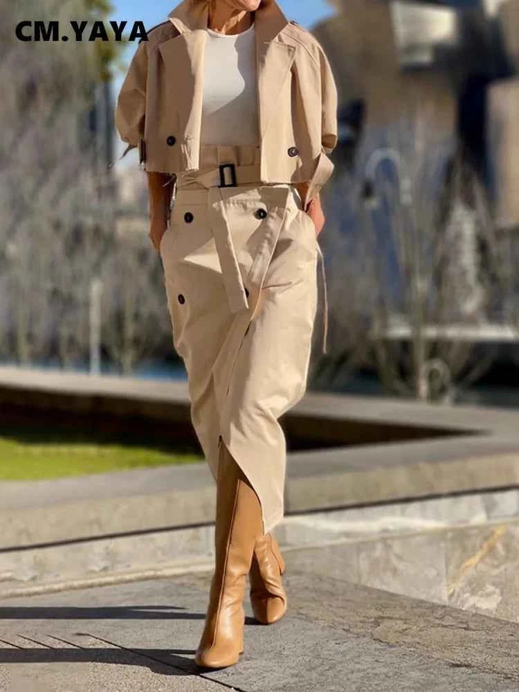 CM.YAYA Street Chic Women's Set Button Belt Long Sleeve Jackets and Cargo Skirts Suits Spring Two 2 Piece Set Outfit Tracksuit