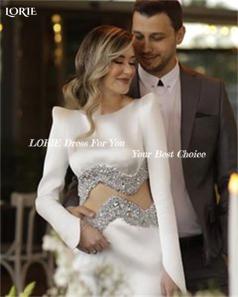 LORIE Luxury Satin Mermaid Wedding Dresses Cap Sleeves Glitter Solid Sexy Evening Bridal Gowns Sequins O-Neck Prom Bride Dress - CRAVO ROSE