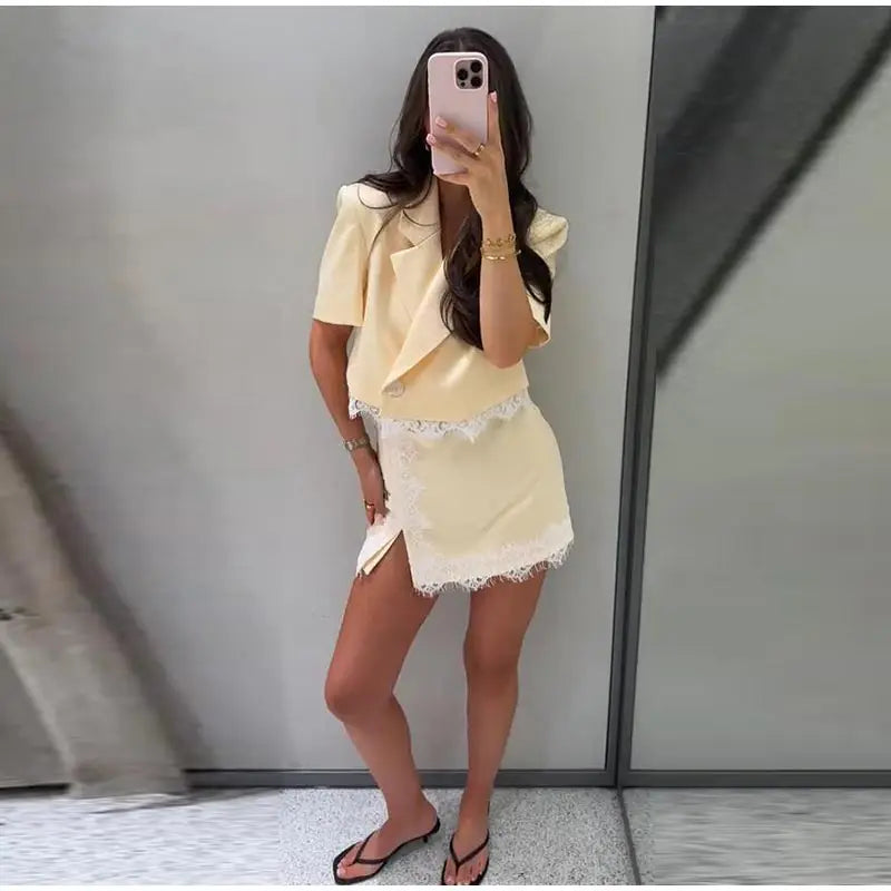 Fashion Lace Insert Two-Piece Suit Women Lapel Short Sleeve Cropped Blazer Mini Culottes 2026 Summer New Lady Office Party Wear