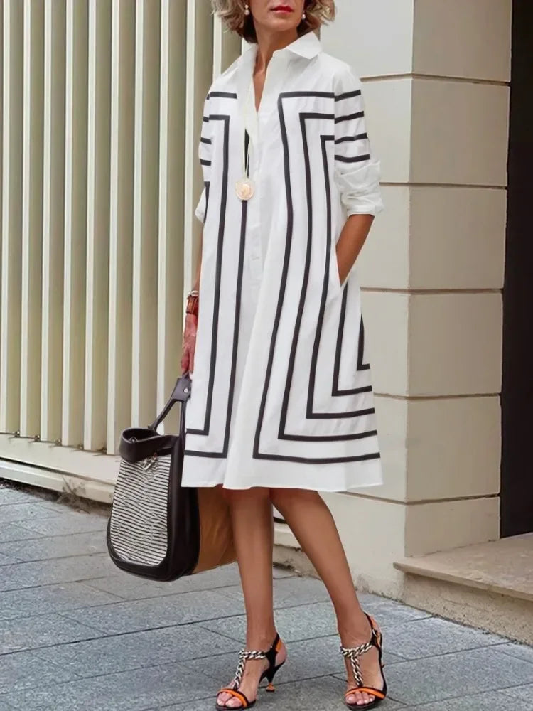 Uoozee Female Stylish Black White Contrast Color Elegant Evening Dresses 2024 New Spring Long Sleeves Casual Lapel Shirts Dress