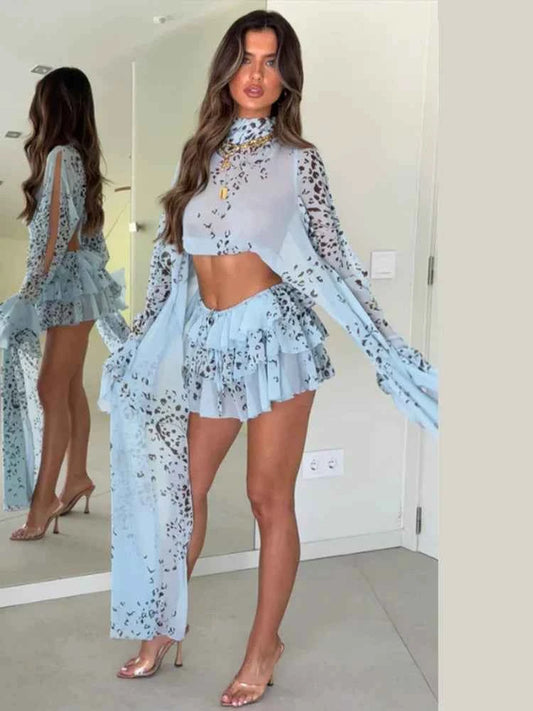 Sexy Women's Skirt Set Full Sleeve Crop Top Ruffle Hem Skirts Female Vacation Print Sets 2026 Summer Beach Fashion Lady Suit