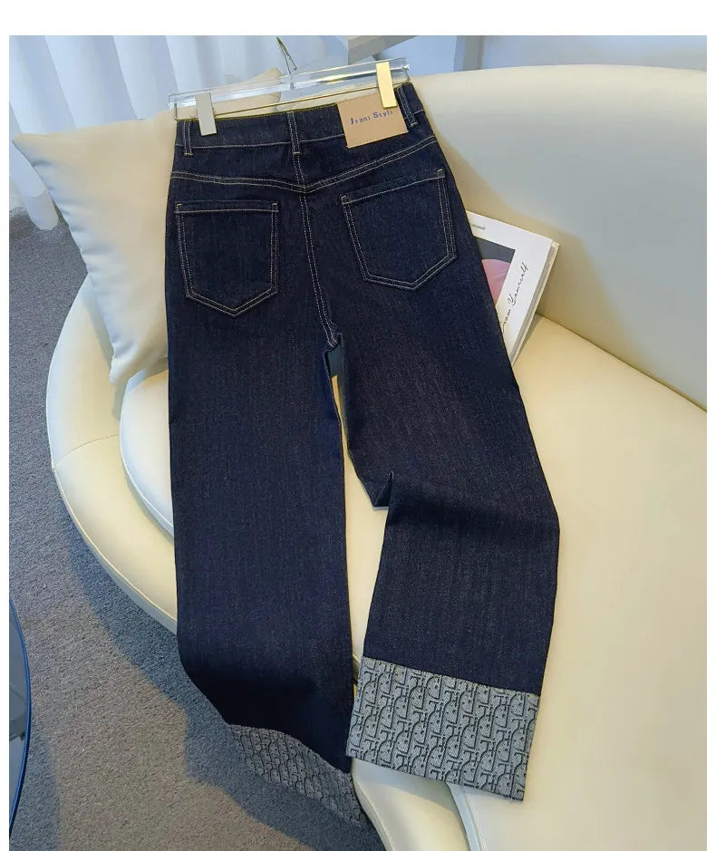 High-End Women's Straight Leg Jeans Loose Fit Spring Season Roll up Capri High Waist Denim Blue Flip  Thermal Regulation