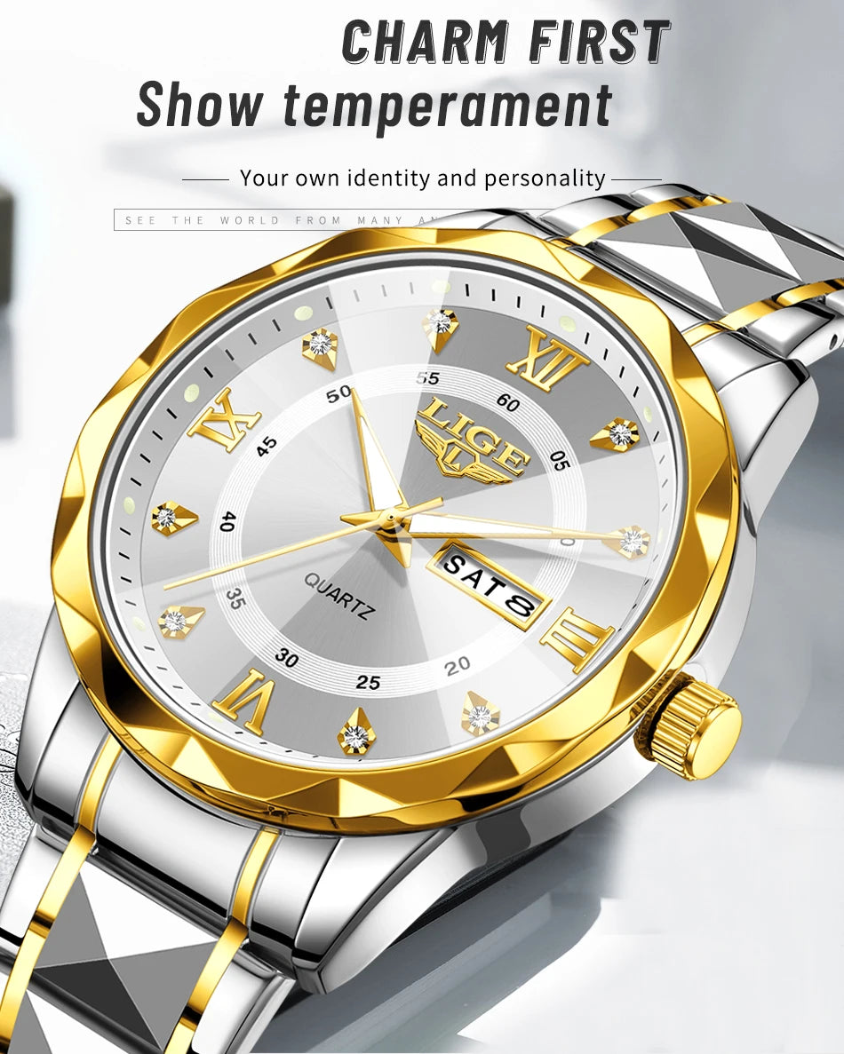 New LIGE Top Brand Luxury Man Wristwatch Waterproof Luminous Date Week Men Watches Stainless Steel Quartz Men's Watch Male reloj