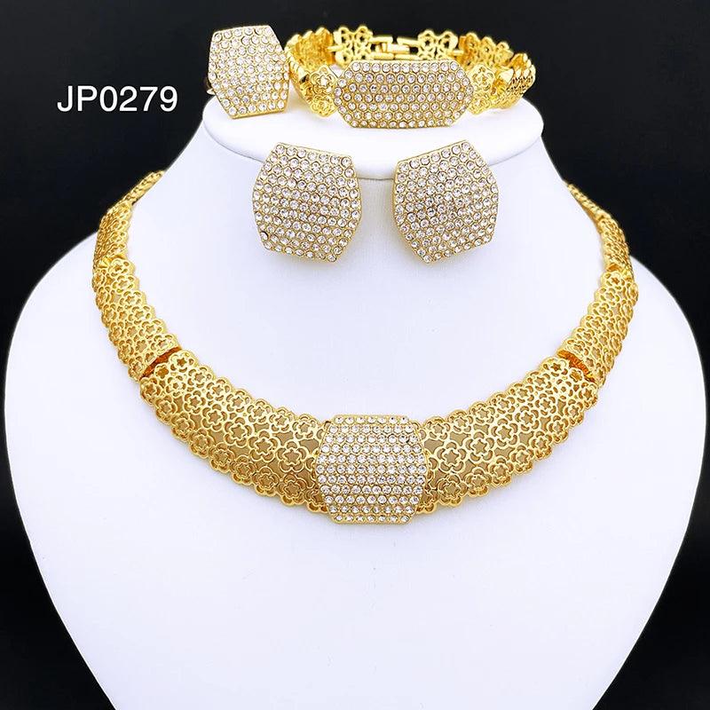 Dubai Gold Color Jewelry Set For Women Large Necklace Square Earrings Big Bracelet African Wedding Party Jewelry Free Shipping - CRAVO ROSE