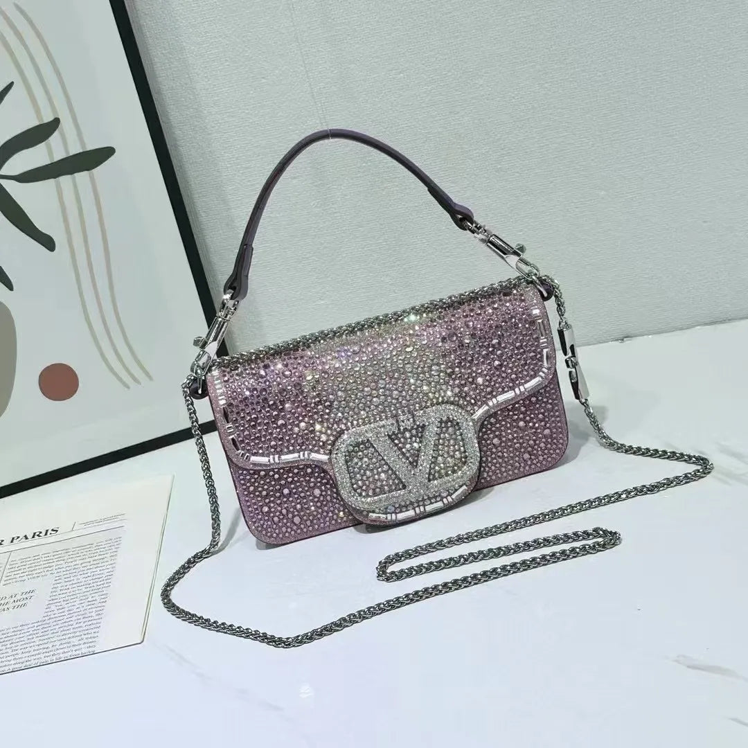 Bolsa de mão embutida com diamante, bolsa de noite portátil com corrente de ombro único, bolsa de couro brilhante com diamante quadrado para uso diário - CRAVO ROSE