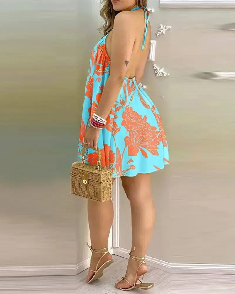 Vestidos Sem Mangas Sem Costas Curto Mini Vestido Solto Halter Neck Estampa Praia Vestido de Verão Floral Vestidos S-3XL