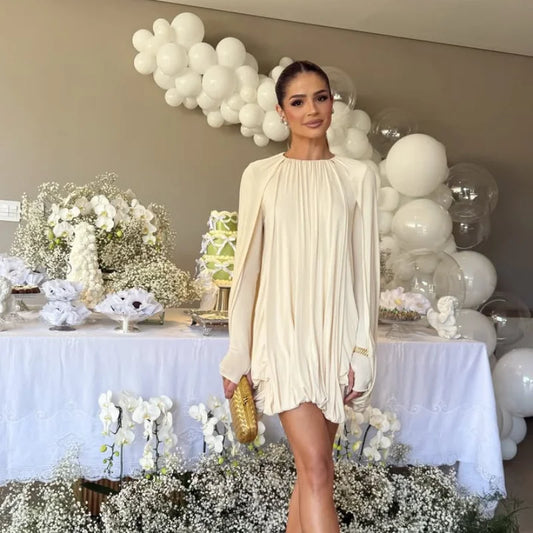 Chique elegante camada capa mini vestido fino ajuste o pescoço curto robes plissado hem festa vestidos 2025 vestidos de noite femininos - CRAVO ROSE