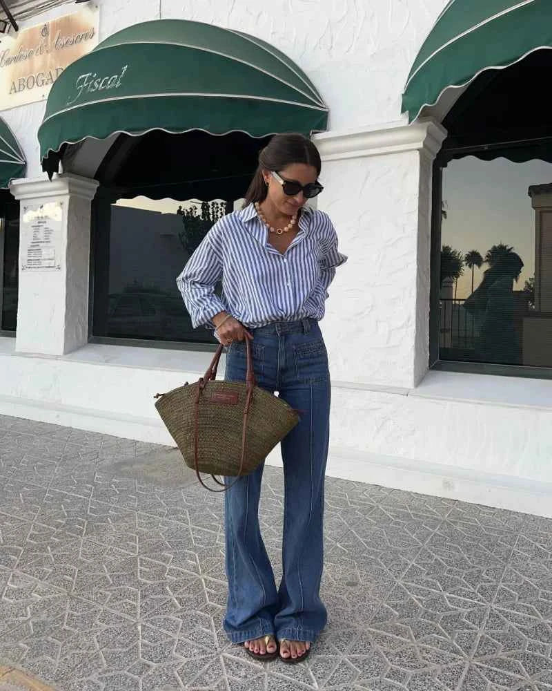 ETJ 2025 women's spring new Europe-American fashion striped long sleeve lapel loose version poplin shirt multi-color selection