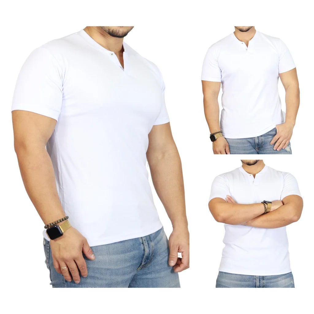 HENLEY 2 Buttons Slim Fit Short Sleeve T-Shirt-WHITE