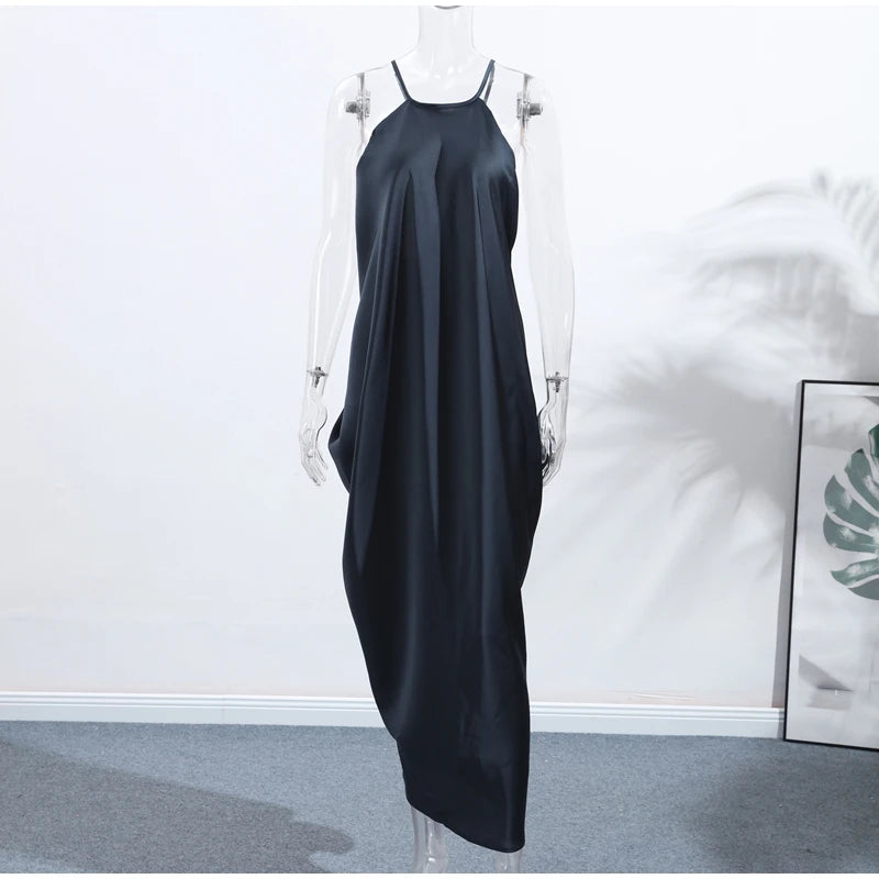 Elegant Satin Halter Backless Maxi Dress Women Loose Pleated O-neck Sleeveless Party Dresses 2026 Summer Lady Chic Holiday Robes
