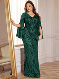 XUIBOL Plus Size Luxury Green Evening Dresses Women 2025 Long Sleeve Mermaid Formal Sequins Prom Wedding Party Cocktail Gowns