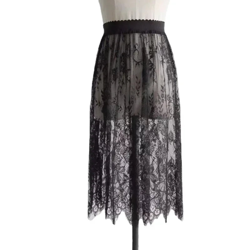 Saia preta elegante de 2 comprimentos, renda branca, transparente, saia longa de tule, feminina, elástica, cintura alta, praia, saia midi