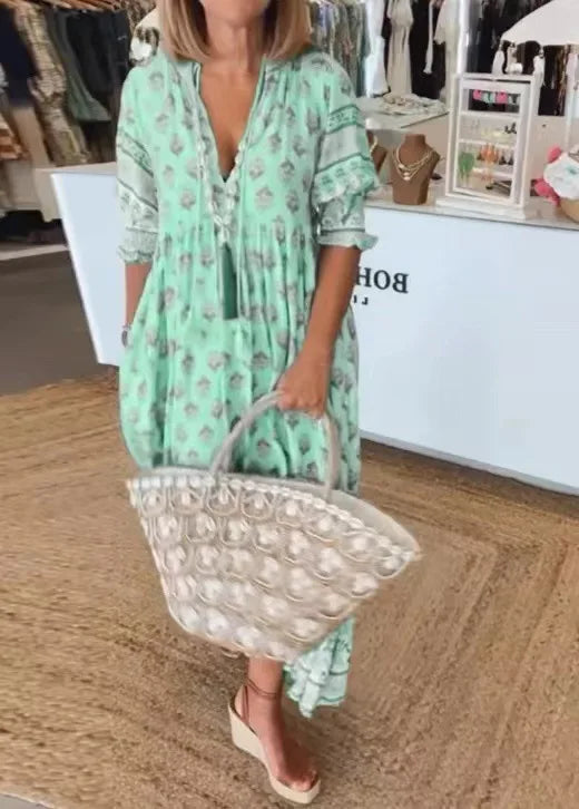 Boho Printed Chic V-neck Tassel Long Dress Women‘s Spring Pocket Party Dress Fall Half Lantern Sleeve Ruffles Maxi Dress Summer