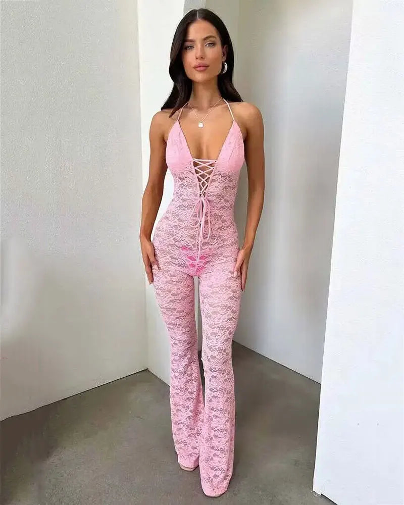 GACVGA Sexy Lace See Through Women Jumpsuit Backless Slim Streetwear Bandage Romper Lady Elegant Summer Party Nightclub Jumpsuit