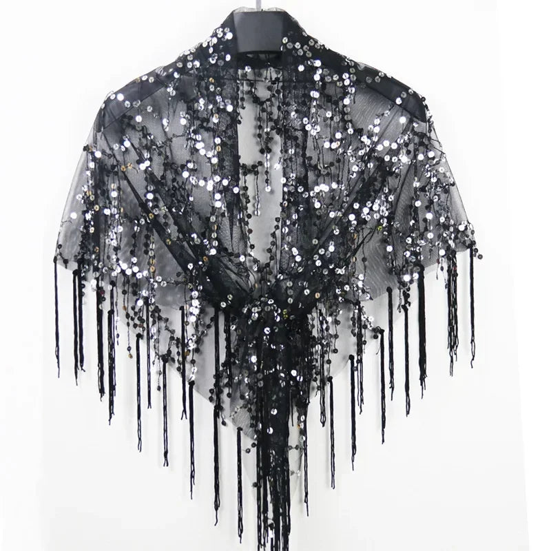 Summer Sequins Tassels Poncho Women Coat Party Outfits Cape Mesh Jacket Ladies Cloak Shawls Casaco Outerwear Wraps Woman Clothes