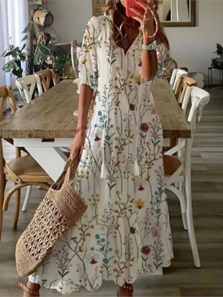 Women's 2024 Spring Summer New Casual Sweet Loose Sexy V-neck Fashion Printed Hanging Beard Middle Sleeve Long Dress For Women