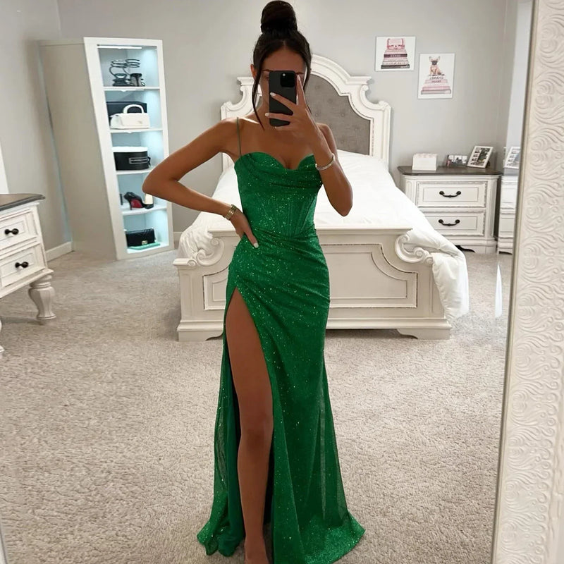 2024 Fashion Women Elegant Strap Sleeveless Sequined Slim Sexy Split Evening Party Long Dress Party Fashion Camisole Dress - CRAVO ROSE