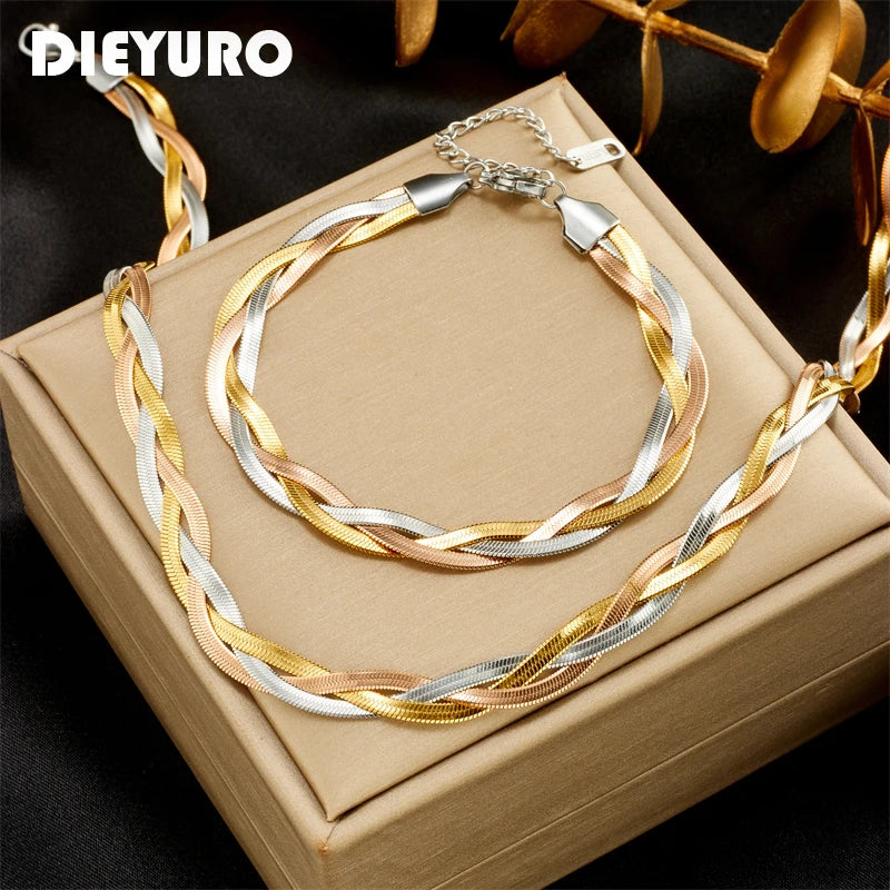 DIEYURO 316L Aço Inoxidável 3 em 1 Crossover Snake Corrente Colar Pulseiras Para Mulheres Menina Nova Moda Conjunto de Jóias À Prova D'água