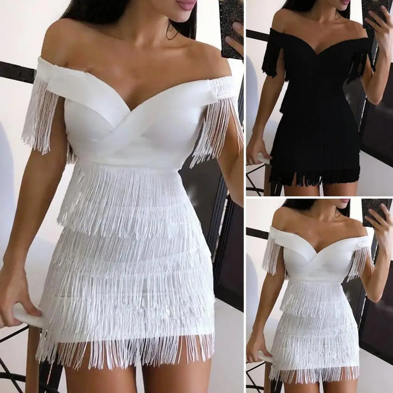 Off Shoulder Backless Waist Tight Solid Color Elegant Dress Chest Wrap Tassel Bodycon Mini Dress Club Wear - CRAVO ROSE