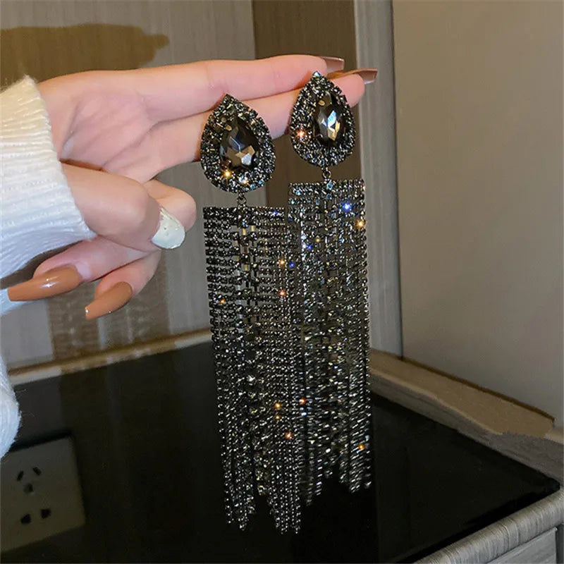 XIALUOKE Black Colorful Water Drop Crystal Earrings Oversize Long Tassel Rhinestone Dangle Earring For Women Statement Jewelry