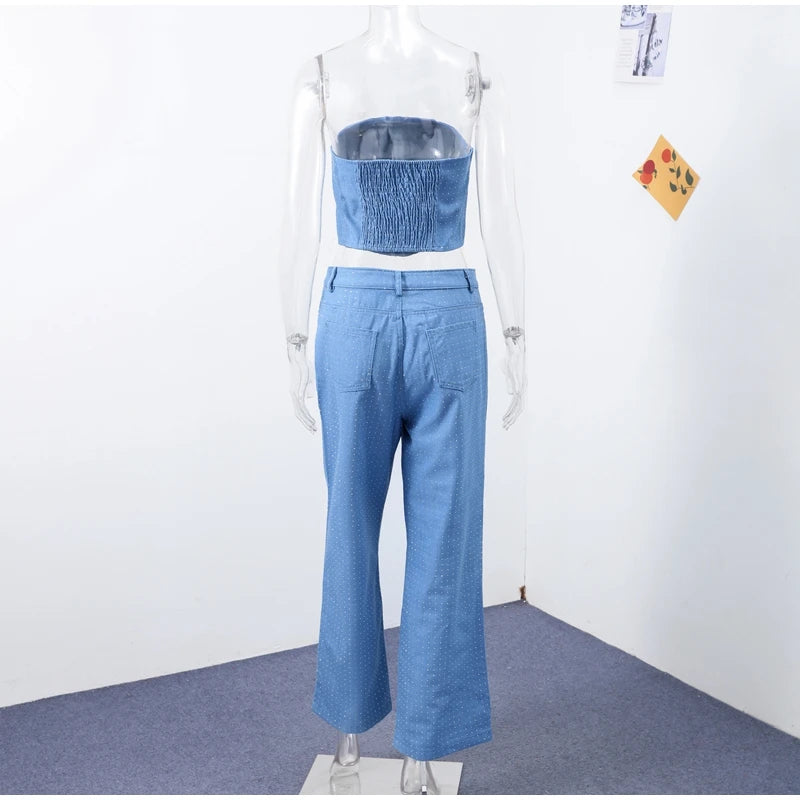 Conjunto jeans feminino com strass brilhantes, espartilho modelador, top curto, jeans slim fit, roupa de festa, boate, estilo cowgirl