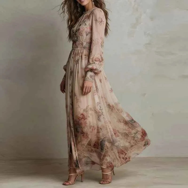 Vintage Floral Print High Waist Pleated Long Dress Woman Elegant O Neck Slim Party Dresses Spring Long Sleeve Boho Holiday Dress