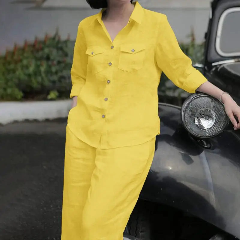 Women Elegant Lapel Neck Long Sleeve Shirt Pants Sets 2PCS Fashion Autumn Outifits Solid Work Trousers Suits Tracksuit