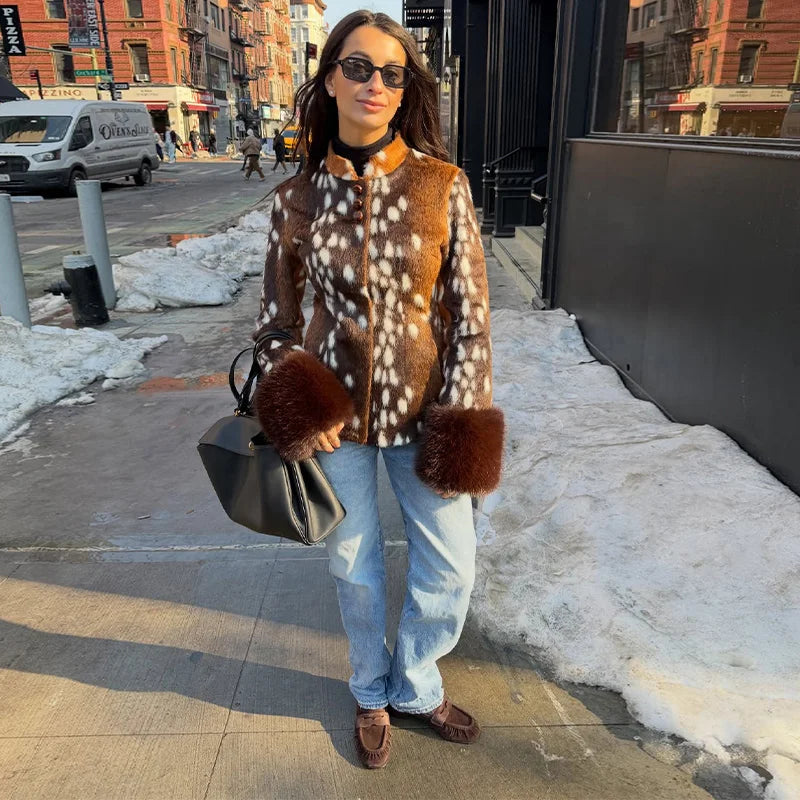 Spring Thin Fur Women's Coat Fashion Leopard Print Full Sleeve Female Jackets 2026 Spring Street New Single Breasted Lady Coats