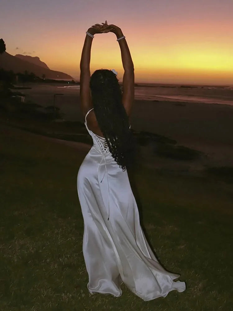 Elegant Lace Up Solid Camisole Maxi Dresses Fashion New Contrasting Cropped Long Gown 2025 New Female Party Beach Evening Robes