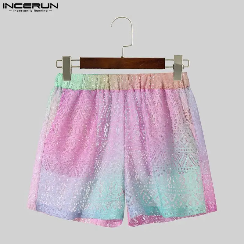 Conjuntos masculinos  de renda transparente com tie-dye, lapela degradê, camisa de manga curta e shorts, 2 peças,  urbana, ternos