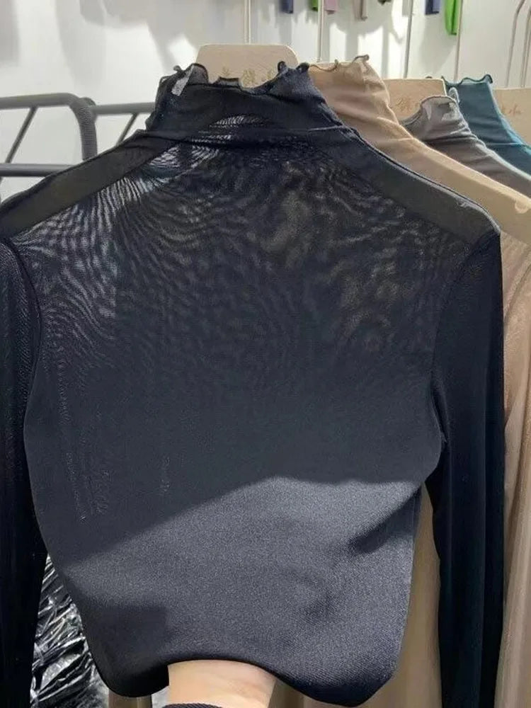 Women's Long Sleeve T-Shirt Lace  Mesh Base Shirt High Collar Pure Color Spring Autumn Fashion Breathable Comfortable Ski...
