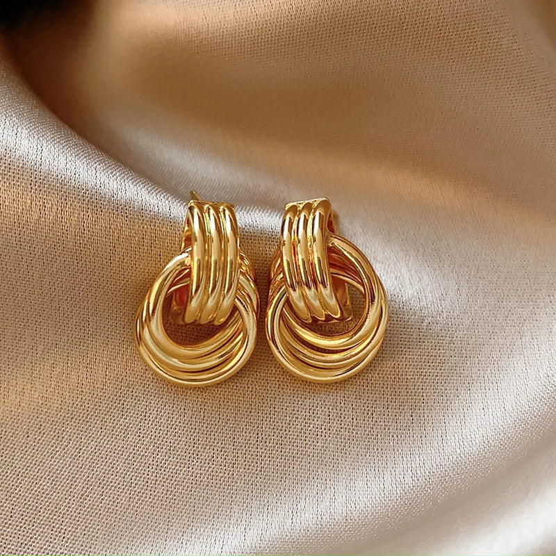 Fashion Glossy Three-Layer Textured Intersecting Knot Earrings for Women Gold Color Stainless Steel Earring Vintage Jewelry Gift