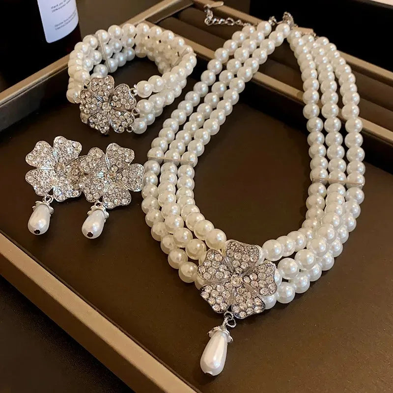Flower Party Necklaces Women French Luxury Imitation Pearl Multi-layer Necklaces Bracelet Earrings Rhinestone Jewelry Sets K-