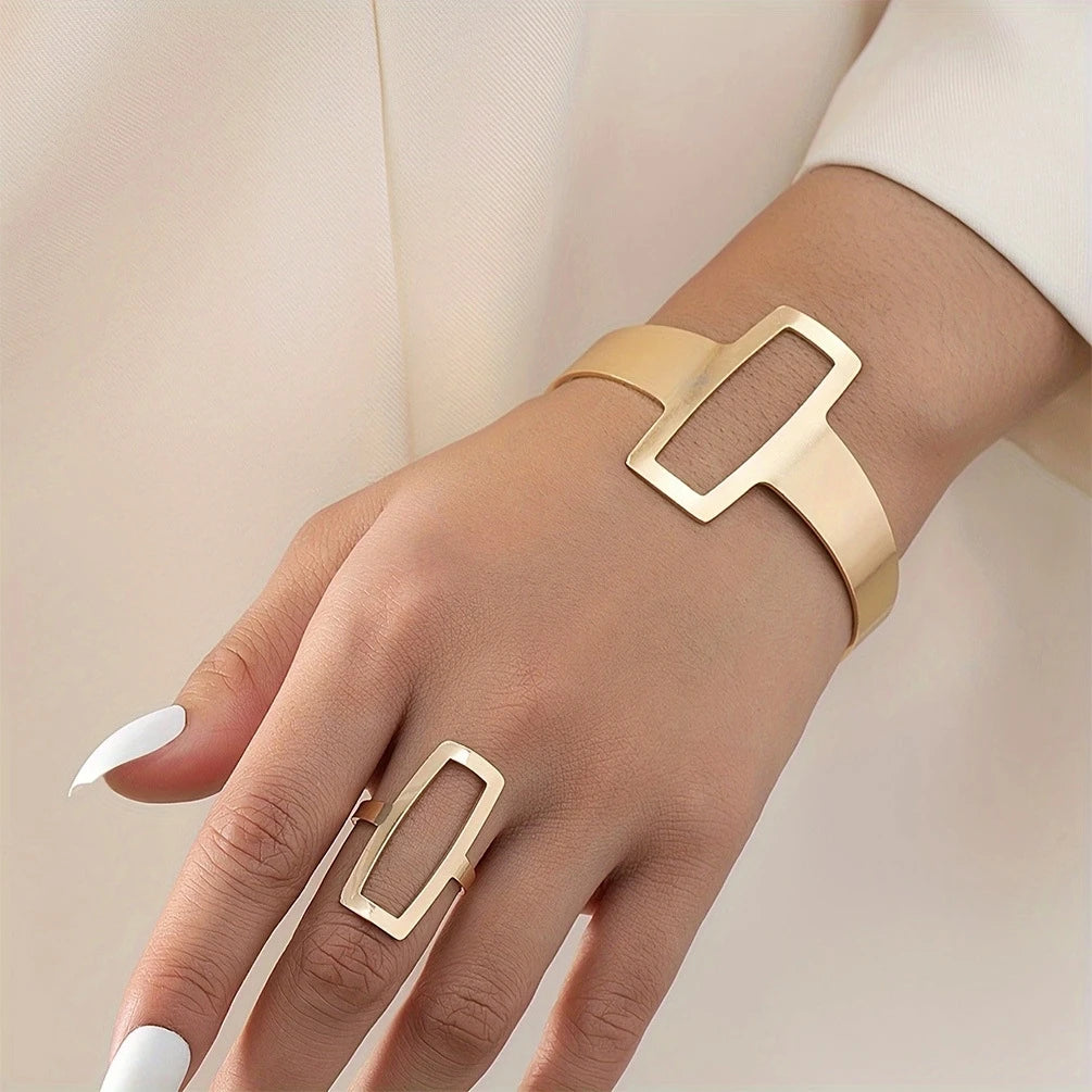 2pcs New Fashion Simple Design Geometric Open Bracelet Ring Set, Women's Personalized Trend Holiday Party Accessories Gifts