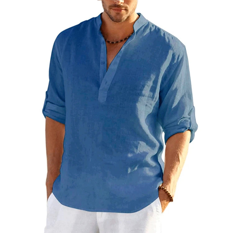 Camiseta masculina de linho manga longa cor sólida solta casual camiseta manga longa algodão linho camisa S-5XL