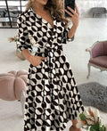 Autumn New Casual Women's Fashion Long-sleeved V-neck Printed Pattern Mid-length Elegant Printed Women's Dress