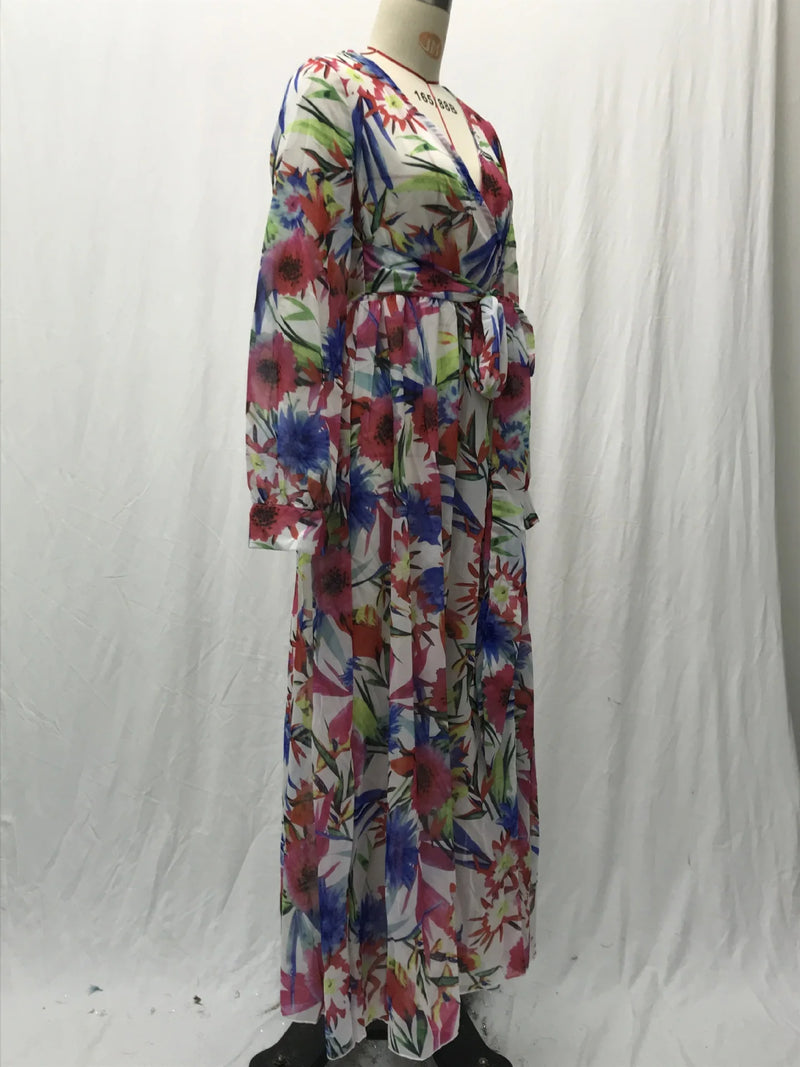 Women's 2024 Autumn New Lantern Sleeves Sexy Deep V Fashion Printed Dress Green Leaf Strap Waist Ankle Long Dress