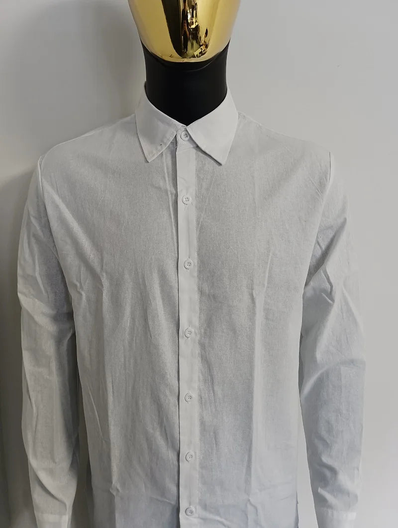 Camisa masculina de lapela simples, algodão, linho, respirável, manga comprida, fina, cor sólida, camisa casual