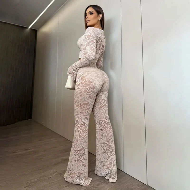 Sexy Hollow out Micro Flared Jumpsuit Long Pants  Lace Shirt Thickened Winter Collection for Elderly Women