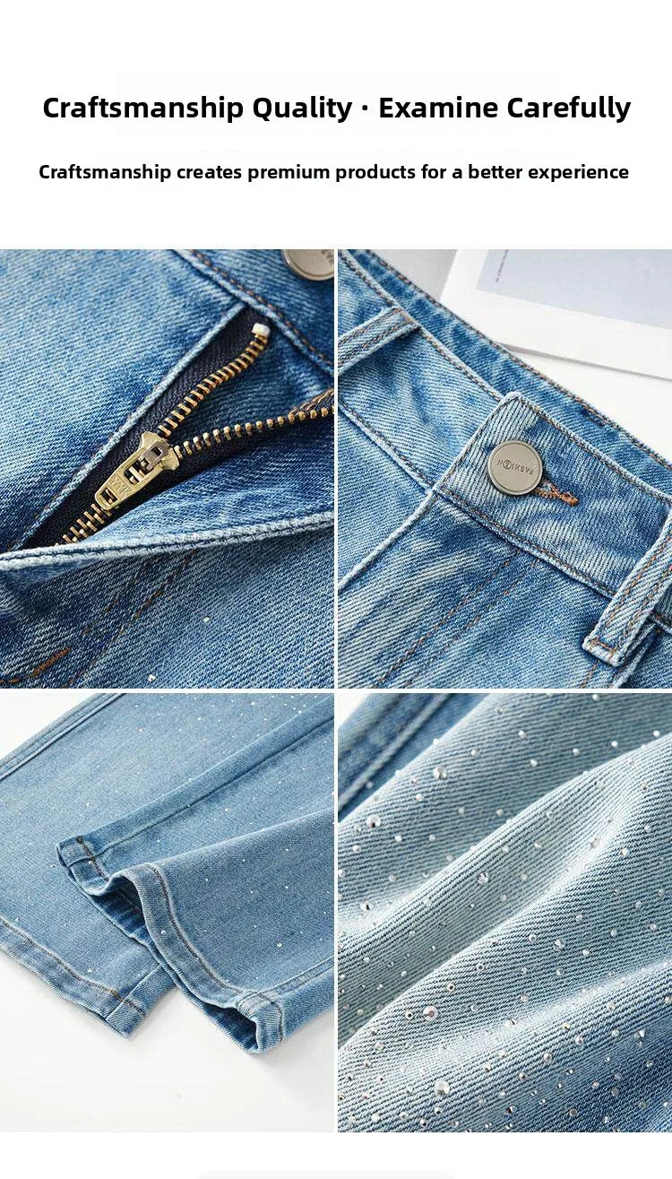 High Waist Wide Leg Denim Jeans Women's Spring 2026 New Style Glittering Star Explosion Nine Point Straight Cut Diamond Embel...