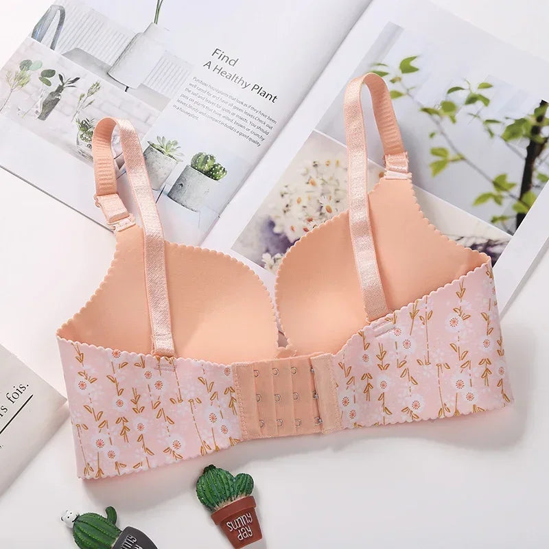 Sutiã sem costura com estampa de flores para mulheres, lingerie sexy, sutiã push up floral, roupa íntima de uma peça