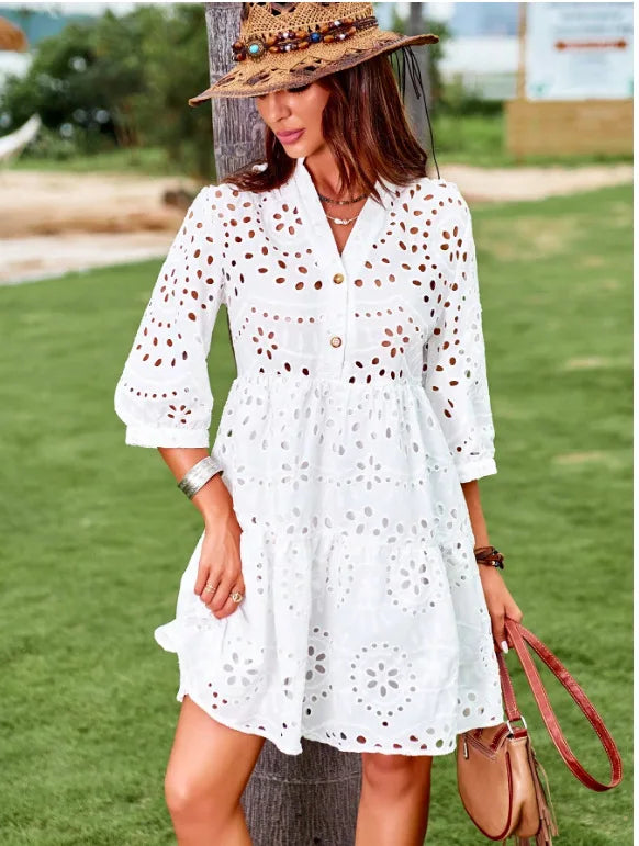 Spring Summer New Solid Color Hollow Out Fashion 7 Point Sleeve Dress Wmen's Casual Loose Simple Elegant Female Holiday Dresses