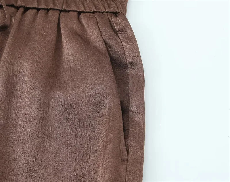 Women's Suit 2026 Spring New Style Reddish-Brown Long Sleeve Draped Pleated Decorative Simple Blazer and Trousers Set Fashion