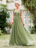 Vestido de noite longo com decote em V, manga curta, babados, renda, vestido de baile, vestido de festa, vestido de madrinha